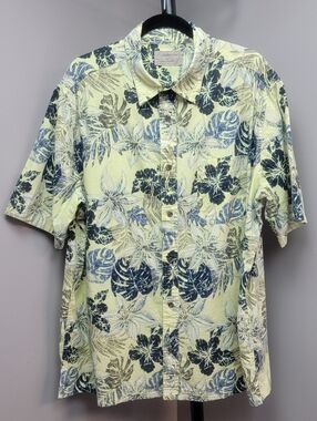 Croft&Barrow Yellow Navyblue Mens Short Sleeve Floral Palm Button-Up Shirt Sz XL